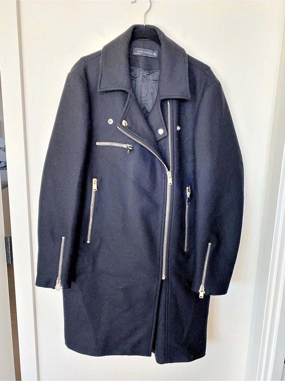 Zara Woman Long Moto Wool Blend Coat Black. Size M.